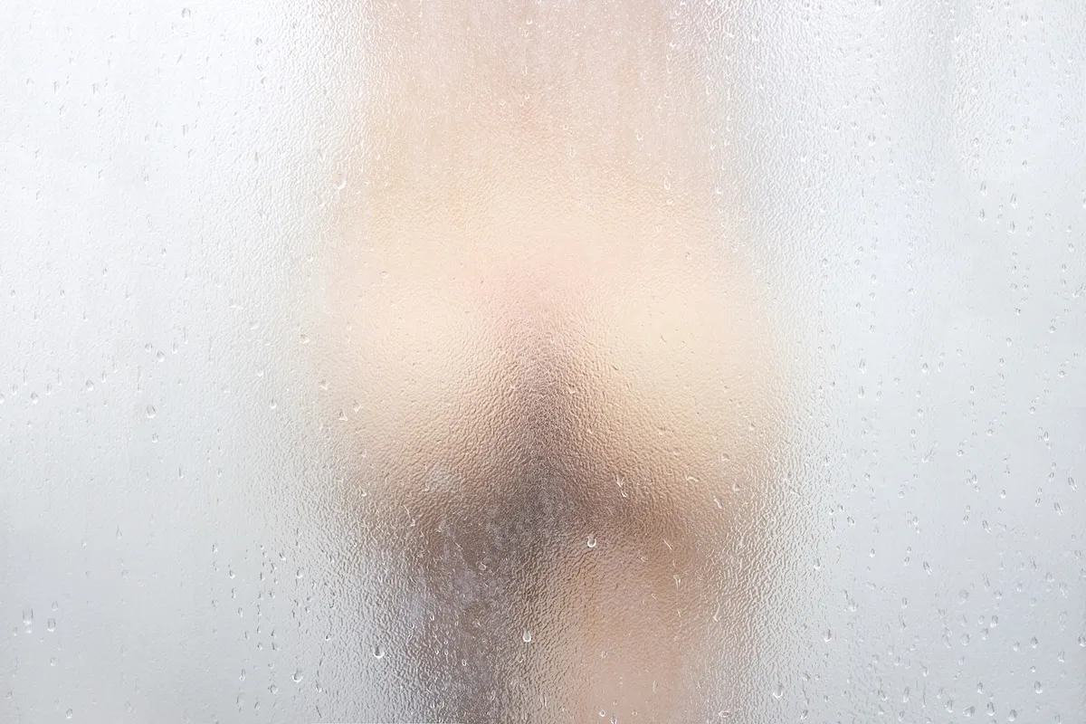 Silhouetted female figure behind a steamy, fogged-up glass, evoking secrecy, shower scenes, and hidden desire.