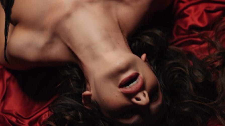 Woman arching in ecstasy on red sheets, evoking forbidden passion from winter hunting trip story